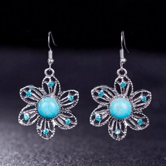 SILVER TURQUOISE AQUAMARINE DIAMOND FLOWER NECKLACE EARRING SET - Picture 3 of 4